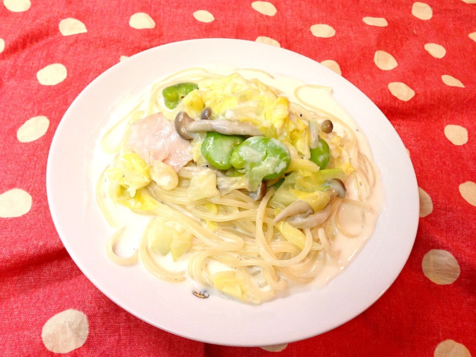 そら豆とキャベツのクリームパスタ