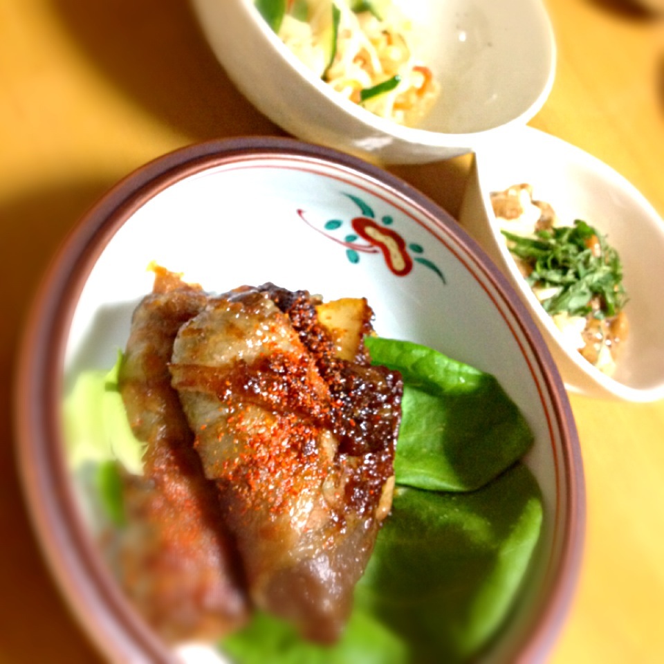 蒟蒻の豚バラ巻き照り焼き♡切り干し大根とキュウリの酢の物♡長芋納豆和え柚子胡椒風味