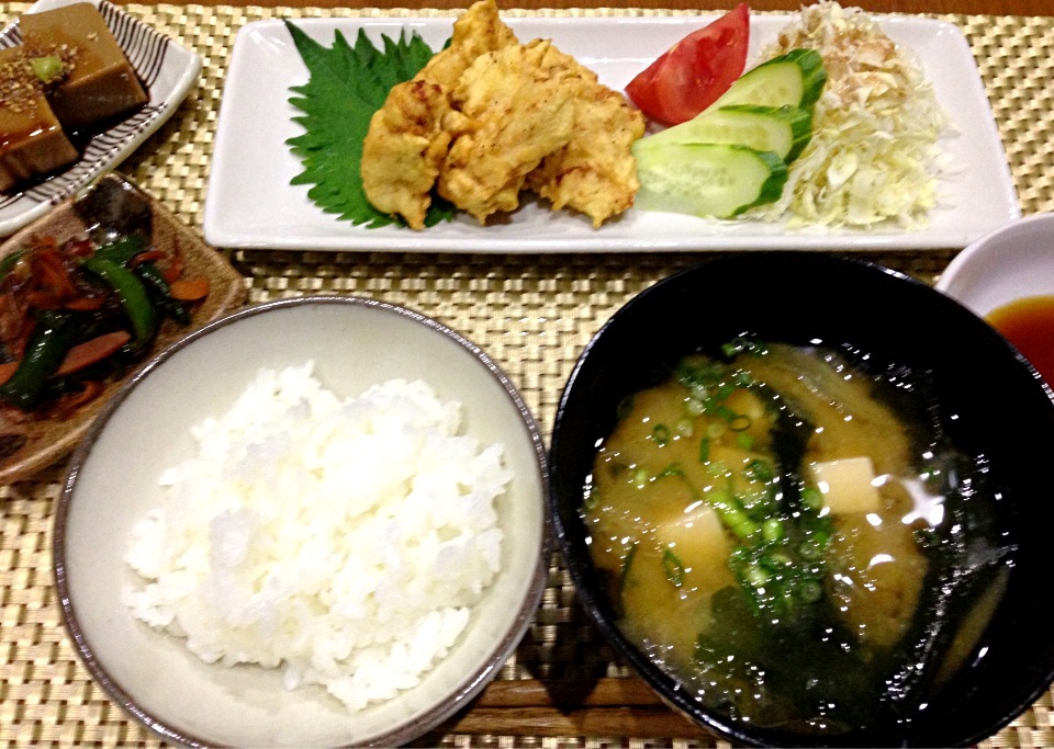 塩麹鶏天、ピーマンきんぴら、胡麻豆腐〜