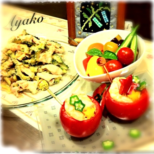 MakiHiroさんの 夏野菜のアンチョビソースマリネ、トマトカップのサラダスパゲティ、ゴーヤと豚しゃぶのごまみそ和え