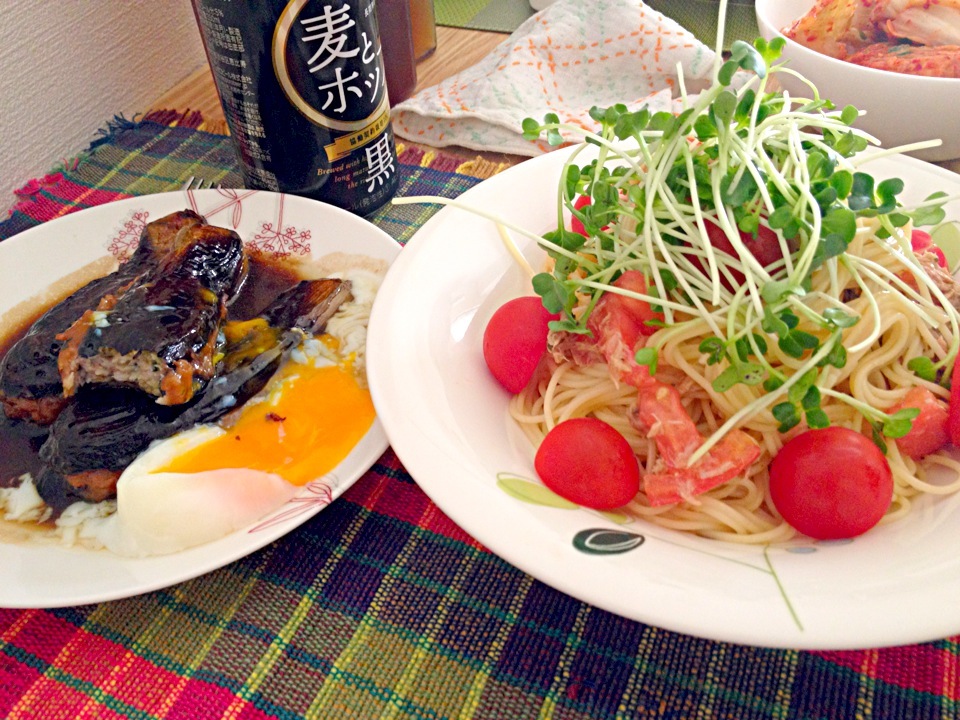 茄子の肉ばさみANDトマトとツナの冷製パスタ