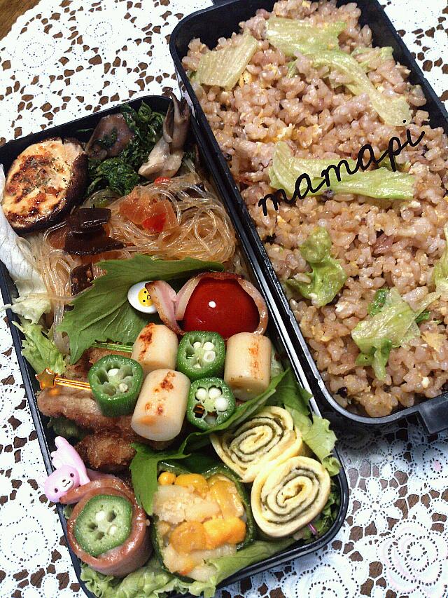 おはよーごじゃります♪♪(^0_0^)今日も早番長男レタス炒飯弁当☆昨日ら雨がパラパラ～