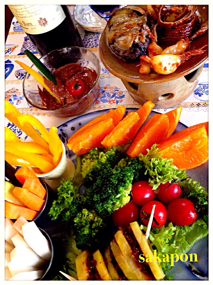 野菜のチョコフォンデュ♡肉味噌ポテト♡アワビ・ヒゲニンニク・太刀魚の陶板焼き