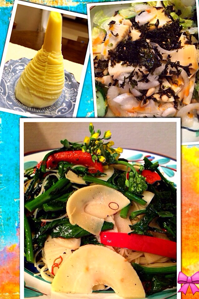 筍と菜の花のペペロン、筍と新玉ねぎのサラダ…麺はチラ見せ
