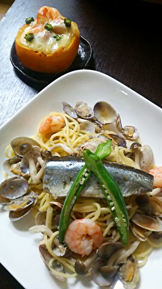 秋刀魚のコンフィのパスタ♪アクァパッツァの素を使って♪