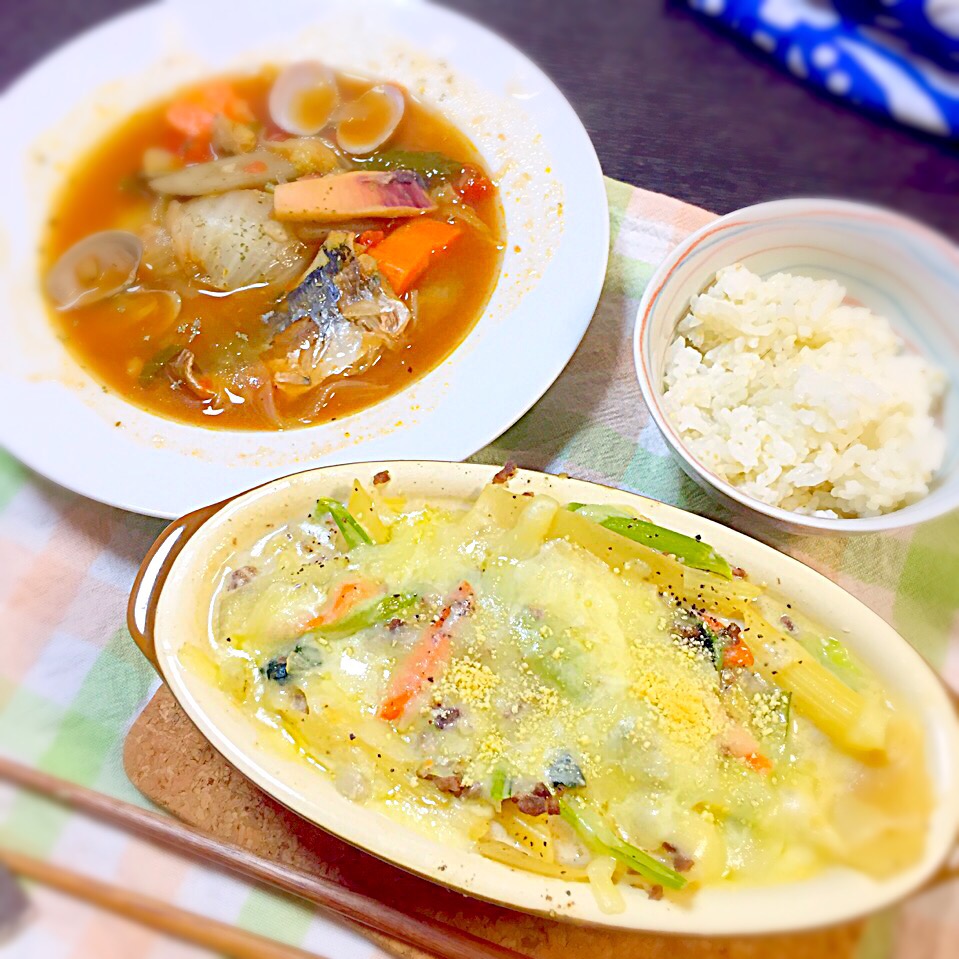 小松菜とミンチのグラタン/ブイヤベース