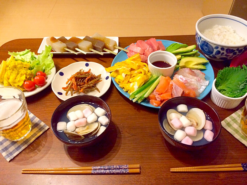 手巻き寿司 カボチャサラダ きんぴらごぼう 蛤のお吸い物 味噌田楽