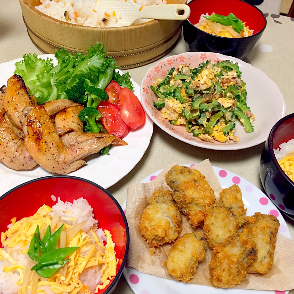 ちらし寿司 、とりの塩焼き、牡蠣フライ、ゴーヤとシーチキンのチャンプル
