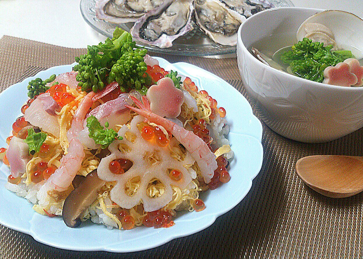 雛祭り ちらし寿司＆蛤と菜の花のおすまし＆生牡蠣(*^^*)