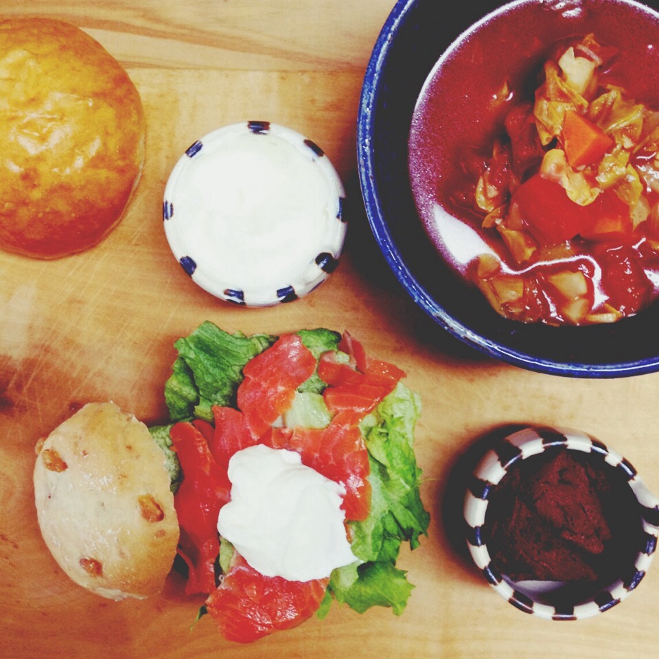 home made walnut bread / smoke salmon + yogurt (like a cream cheese) dip, tofu chocolate dip & minestrone