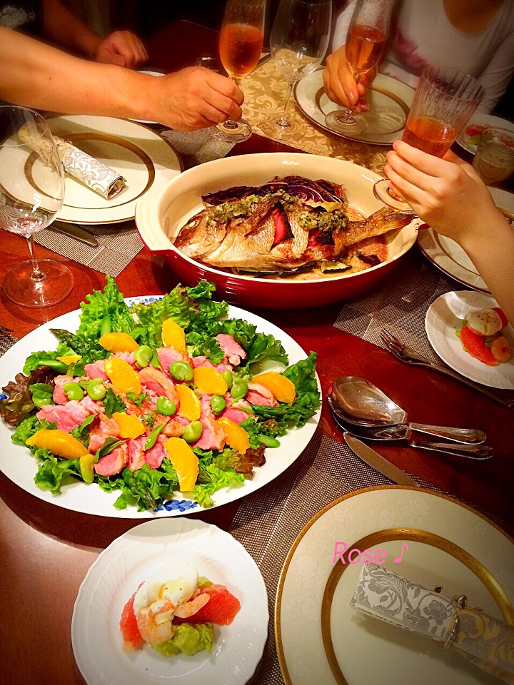 母の日に鯛の生ハムグリルと鴨とオレンジのサラダ、海老とアボカドのアミューズでお祝い♪