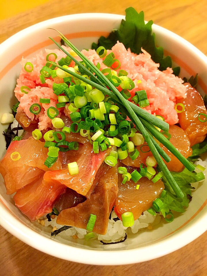 鰤、サーモンの漬けとネギトロ丼