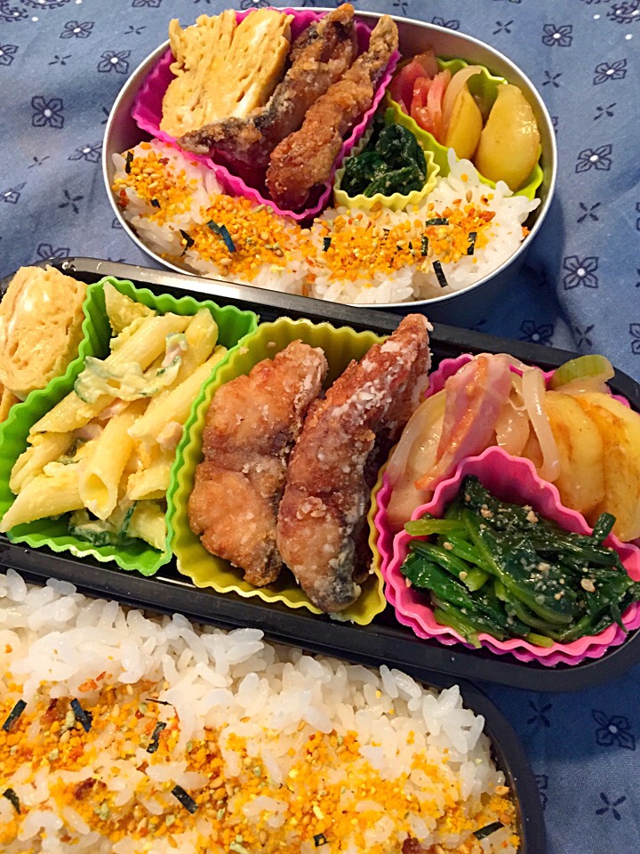 鯖竜田揚げ弁当！ ジャーマンポテト ほうれん草ごまあえ マカロニサラダ 卵焼き