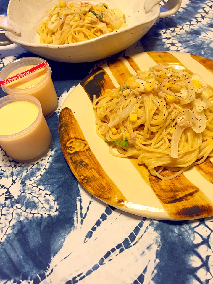 今日の晩ご飯はツナ&キャベツのクリーム醤油パスタ(*´﹃｀*)