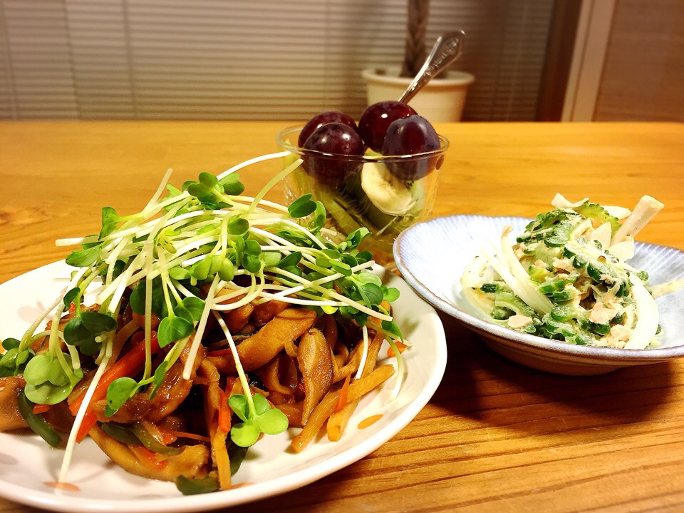 お肉の変わりに高野豆腐を使った青椒肉絲。ゴーヤとシーチキンのサラダ。バナナ、キウイ、ぶどう、蜂蜜、ホワイトキュラソーのデザート