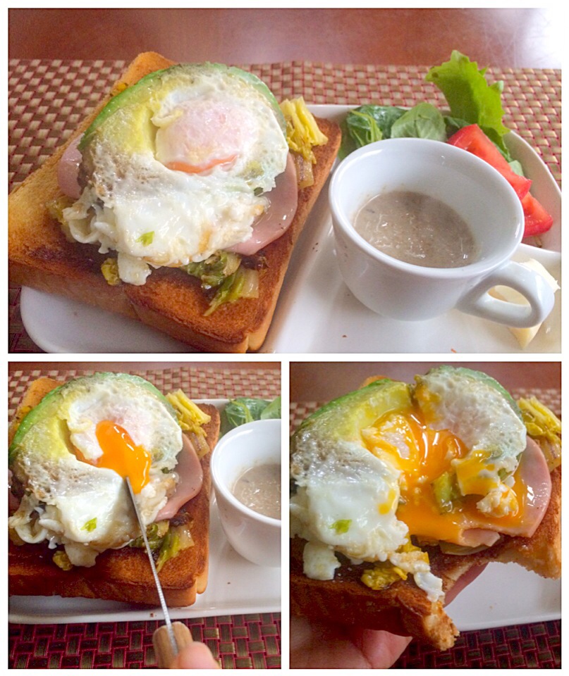 chinese cabbage,ham w/OM's Fried egg in avocado?open sandwich?とろｼｬｷ白菜とﾊﾑのｱﾎﾞｶﾄﾞ目玉焼き乗せｵｰﾌﾟﾝｻﾝﾄﾞ