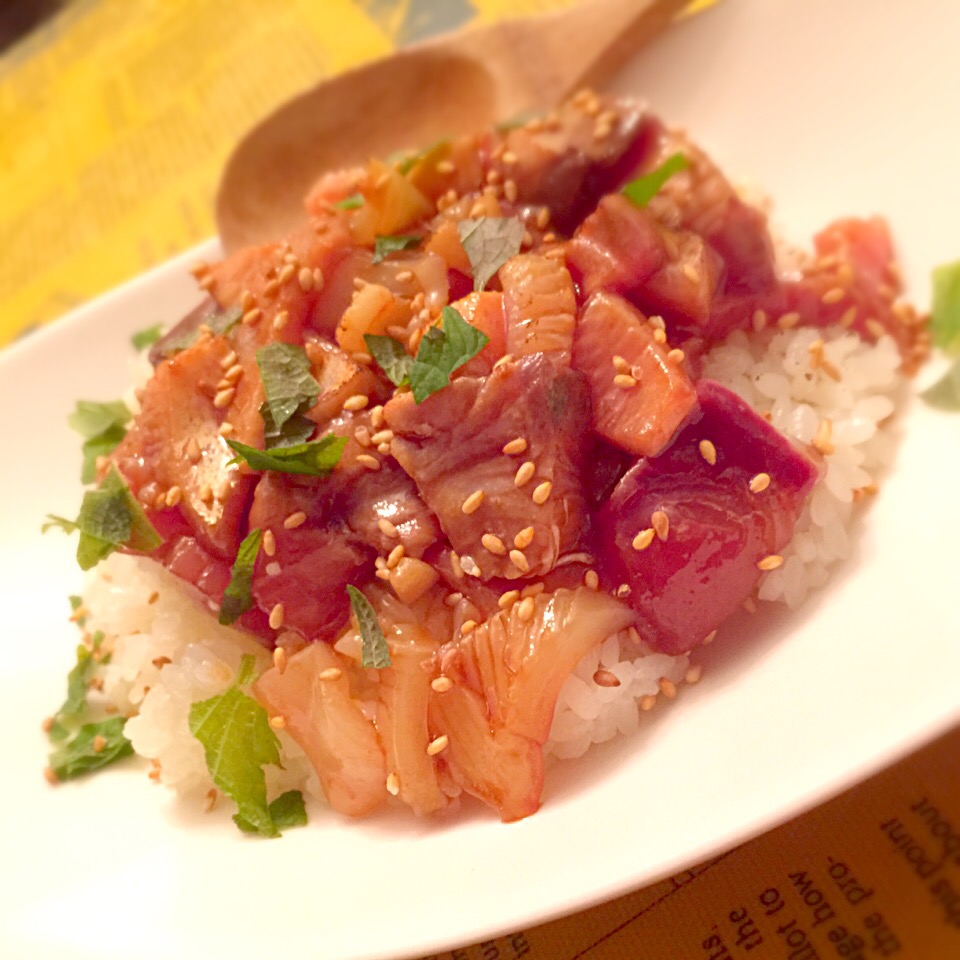 色んな魚のヅケ炙り丼❤️