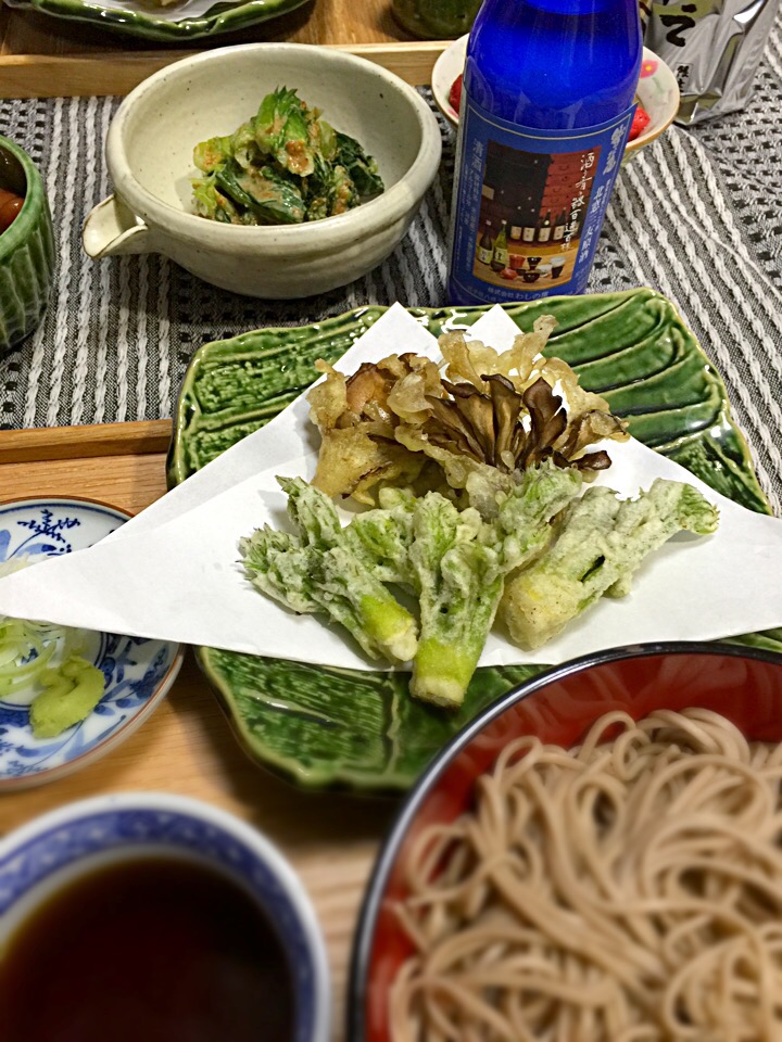 山菜天ぷら蕎麦&小松菜の胡麻和え
