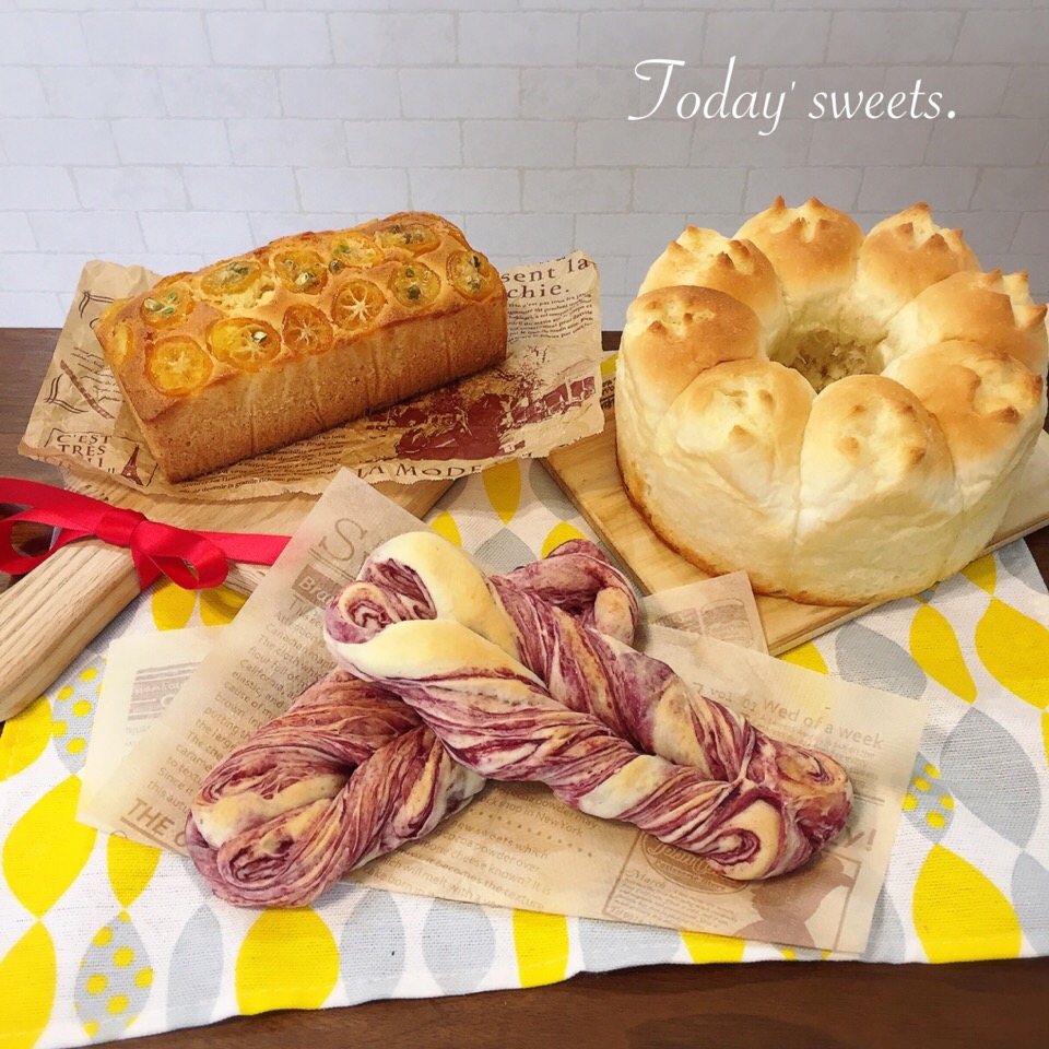 マーマレードと金柑のパウンドケーキ ちぎりパン風バターブレッド 紫芋の折り込みスティックパン