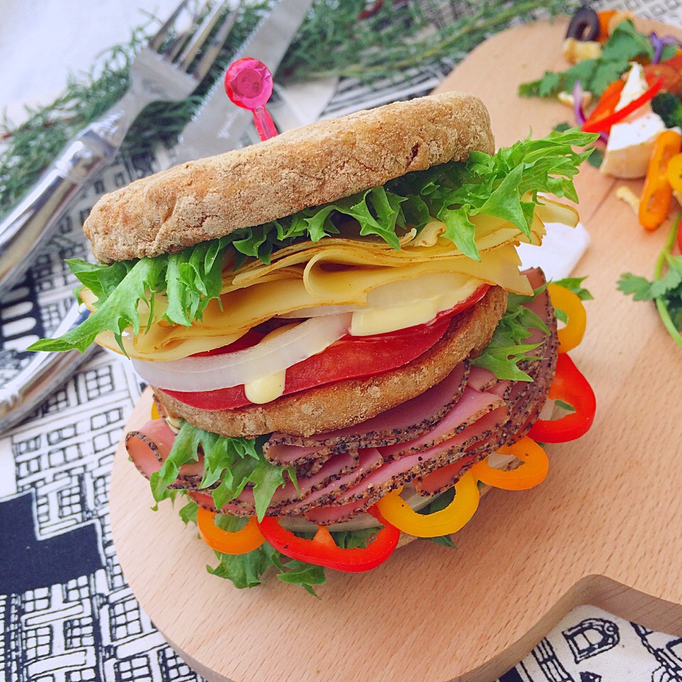 Whole grain-rice muffin*
pastrami*
thin sliced cheese
vegetables*