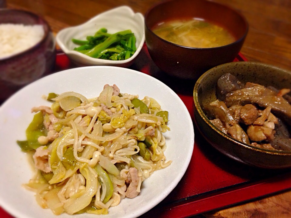 晩ごはん 野菜炒め 鶏ごぼう煮 菜の花の生姜醤油和え きのこの味噌汁