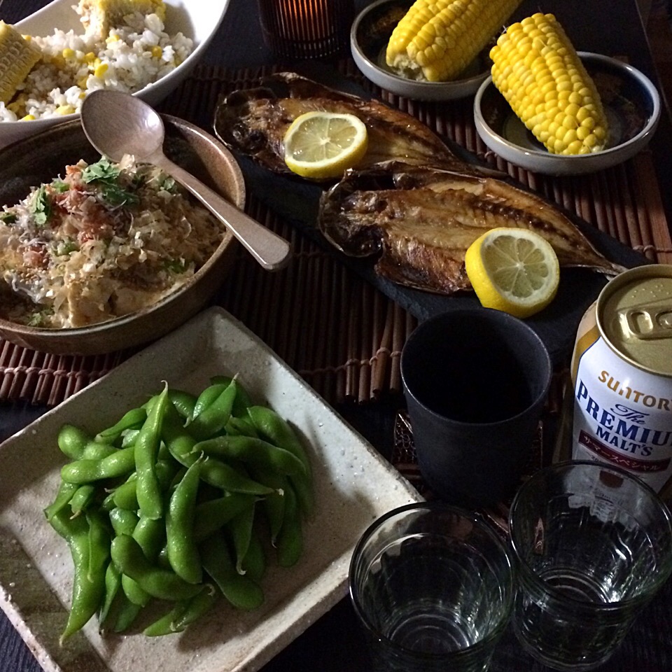 採れたとうもろこしご飯で夜ご飯