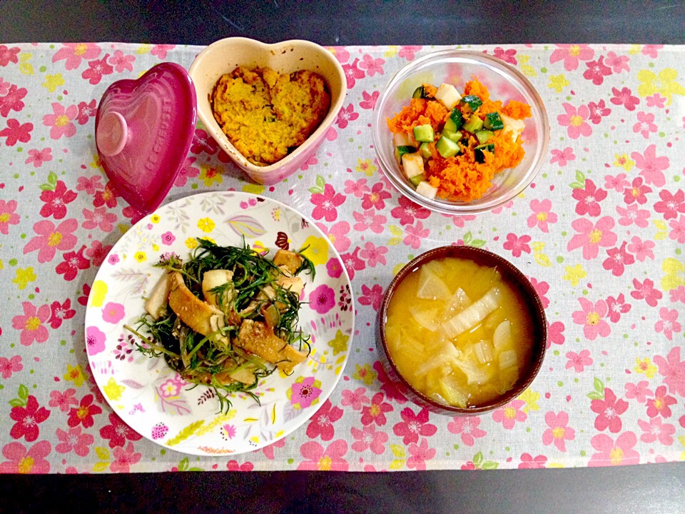 ベジ料理♡高野豆腐とおかひじきのソテーのご飯