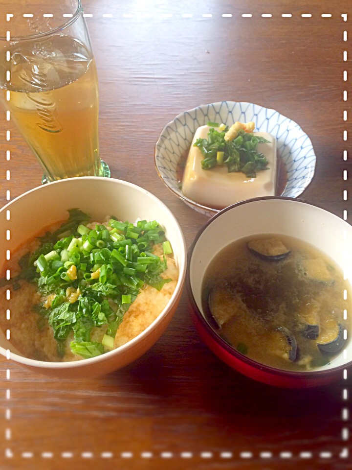 とろろご飯と茄子と、とろろ昆布のお味噌汁、冷奴。Japanese Breakfast!