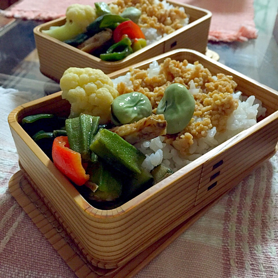 鶏そぼろご飯☺️オクラ、ピーマン、赤ピーマン、胡瓜のなどの夏野菜にカリッと手羽中を合わせた生姜風味の炒め物。カリフラワーのバター醤油。