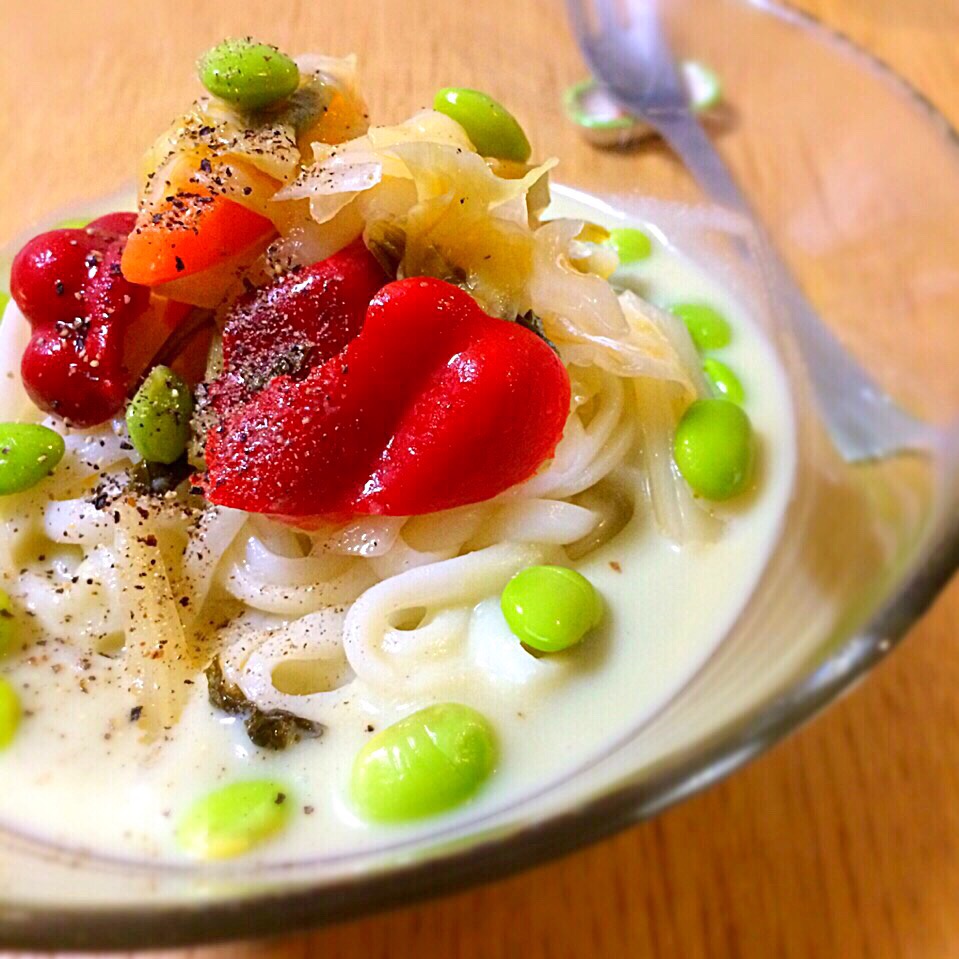 夏野菜の豆乳冷やし麺／Chilled Soy Milk Noodle Soup with Summer Vegetables