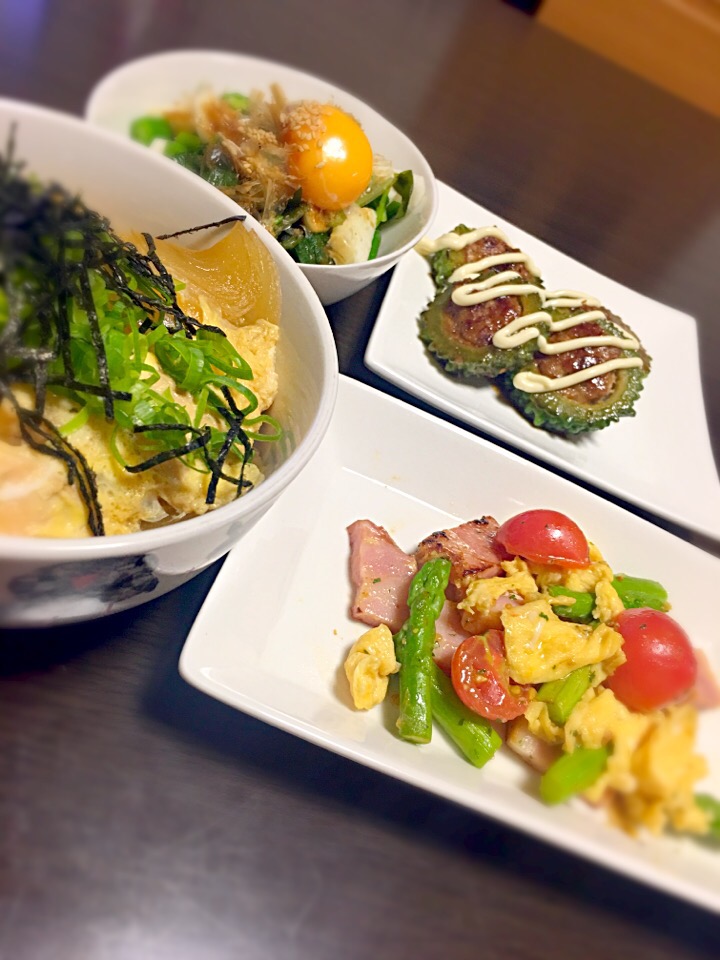 ゴーの肉詰め   ネバネバ納豆   アスパラベーコン   鶏胸肉で疲労回復 親子丼