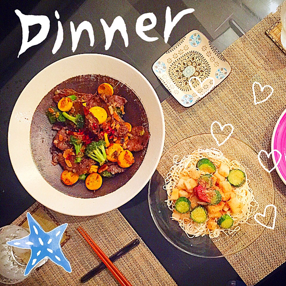 牛タンと夏野菜のピリ辛炒め&豆腐麺の梅肉長芋ソース❤️