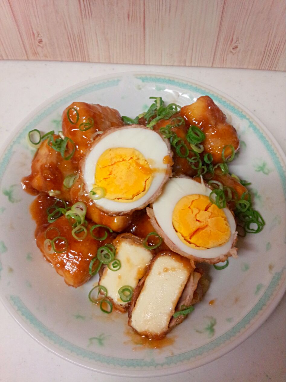 肉巻き厚揚げと肉巻きゆで卵のハチミツみそ照り焼き