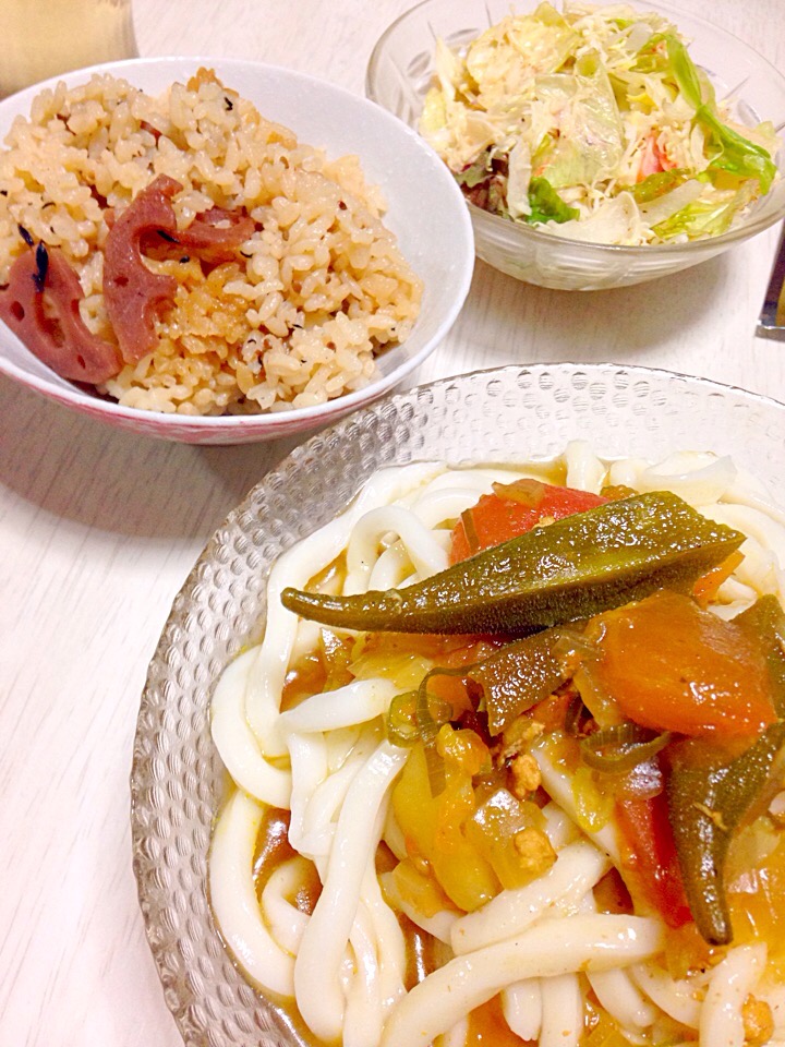 夏野菜の冷やしカレーうどん、蓮根とひじきの炊き込みご飯、カニカマサラダ