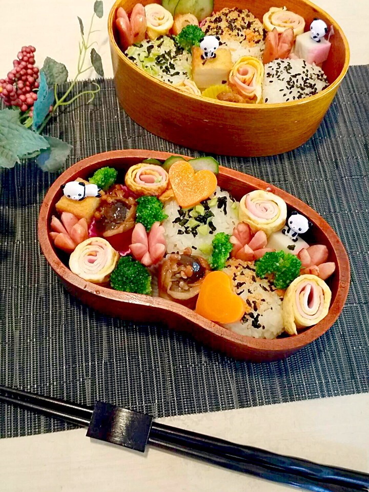 男子弁当 おべんとう お弁当 弁当男子 親父飯 Bento オニギリ ハム卵クルクル キノコ肉巻 ウィンナー 厚揚げ 蒲鉾 ブロッコリー 人参ハート 人参美容師 人参横浜 Japan Yokohama Bento世界グランプリ16 ヤマサ醤油株式会社