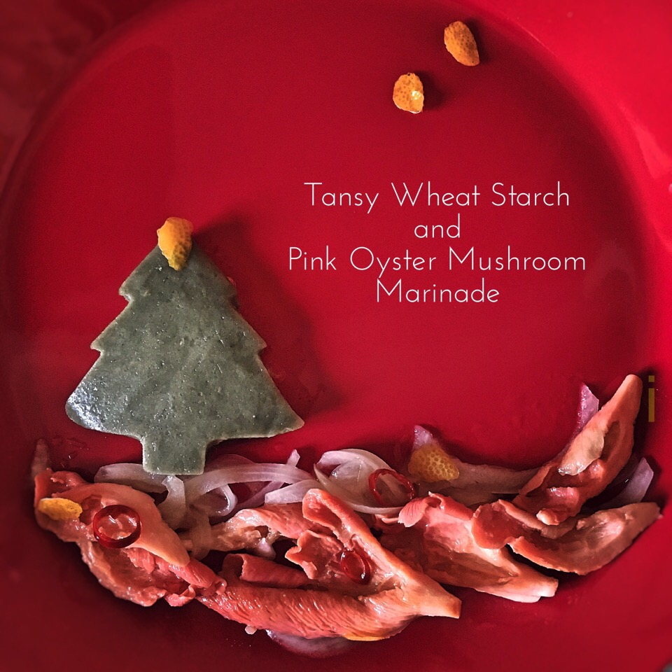 よもぎ生麩andとき色ひらたけの和風クリスマス・マリネ 【Tansy Wheat Starch and Pink Oyster Mushroom Marinade】