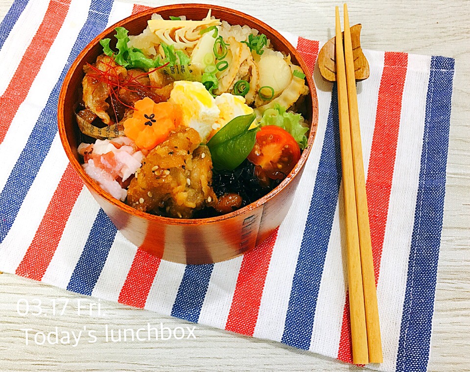 旦那さん夜弁当♪ 豚の生姜焼き&鶏の甘辛揚げで豚鶏摂取！