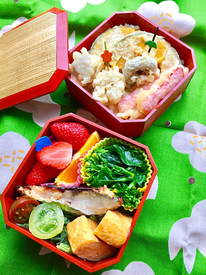 #お父さん弁当 #玄米ご飯 #鰆の酒粕味噌焼き #カボチャ #天ぷら