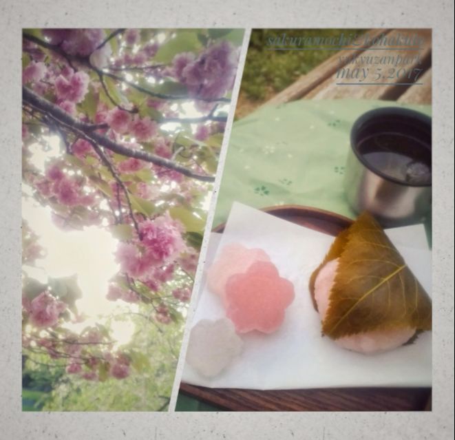 桜餅と琥珀糖、桜茶。