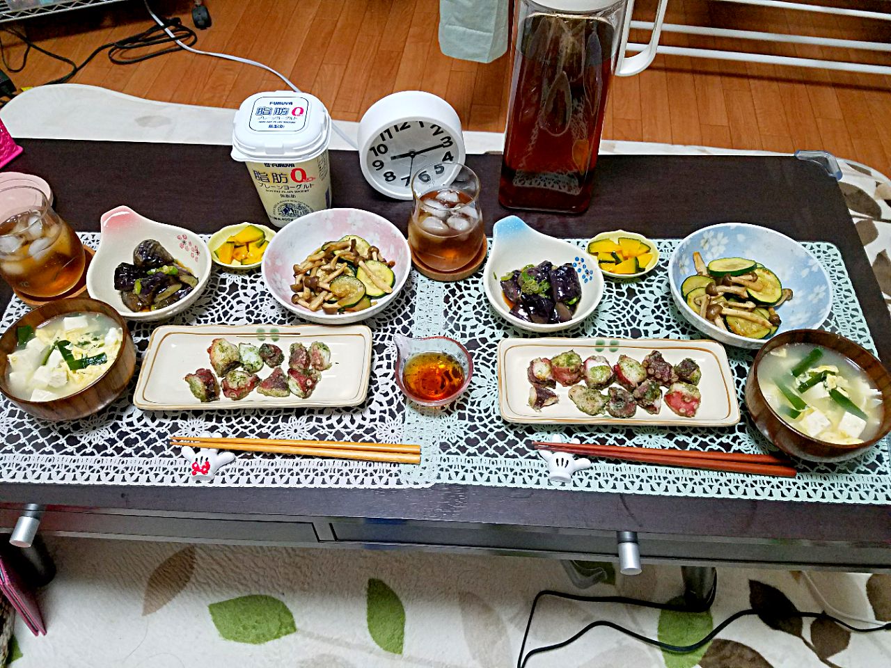 タコの磯辺揚げ！茄子の揚げ浸し！ズッキーニとしめじのバター醤油炒め！ニラ玉豆腐の中華スープ?