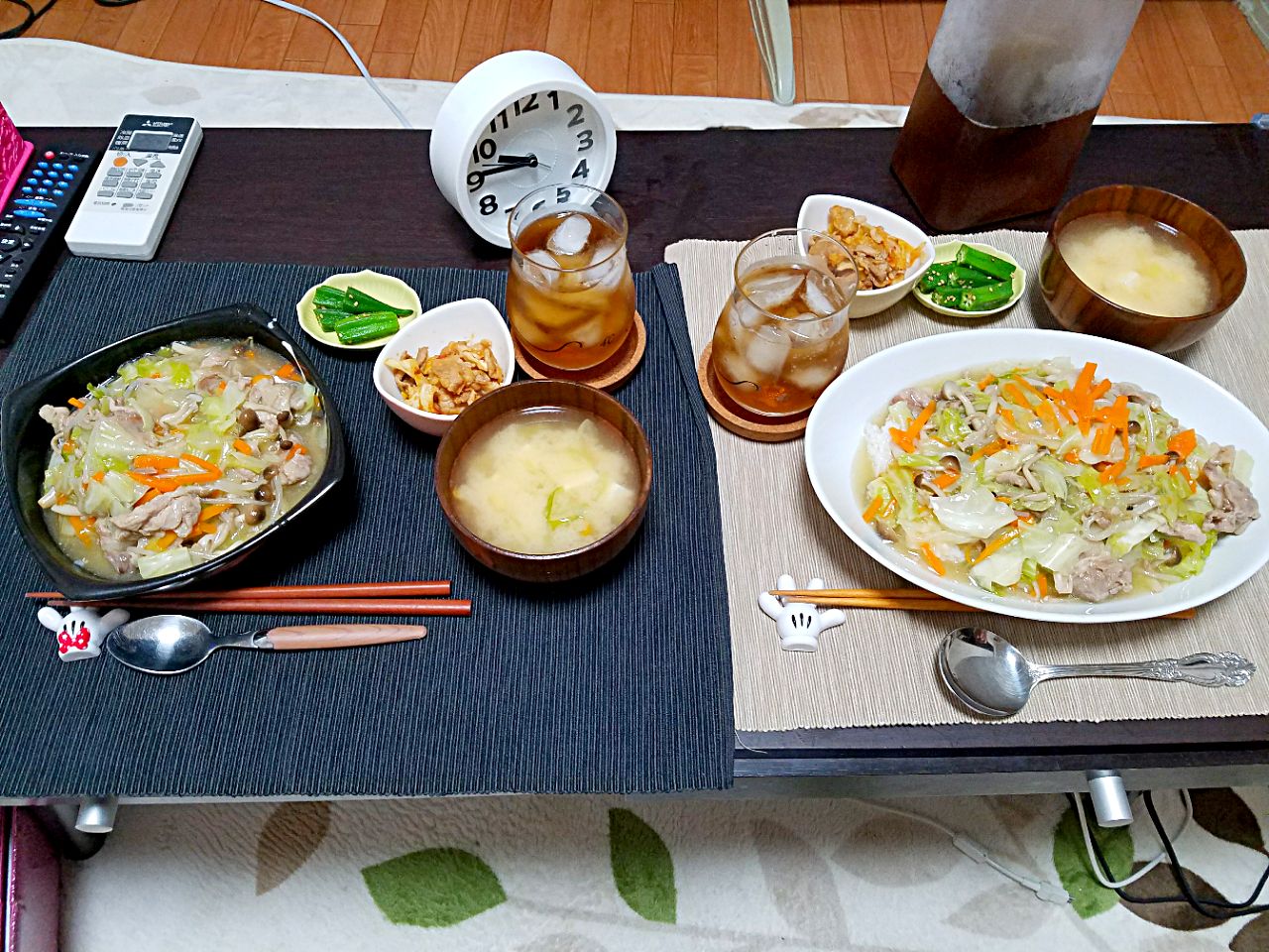 中華丼！??回鍋肉、おくらのゴマ和え、お味噌汁?