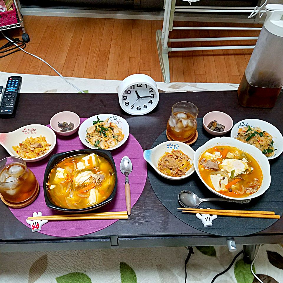 スンドゥブ❤海老とニラの春雨❤なすの煮浸し❤回鍋肉の残り?