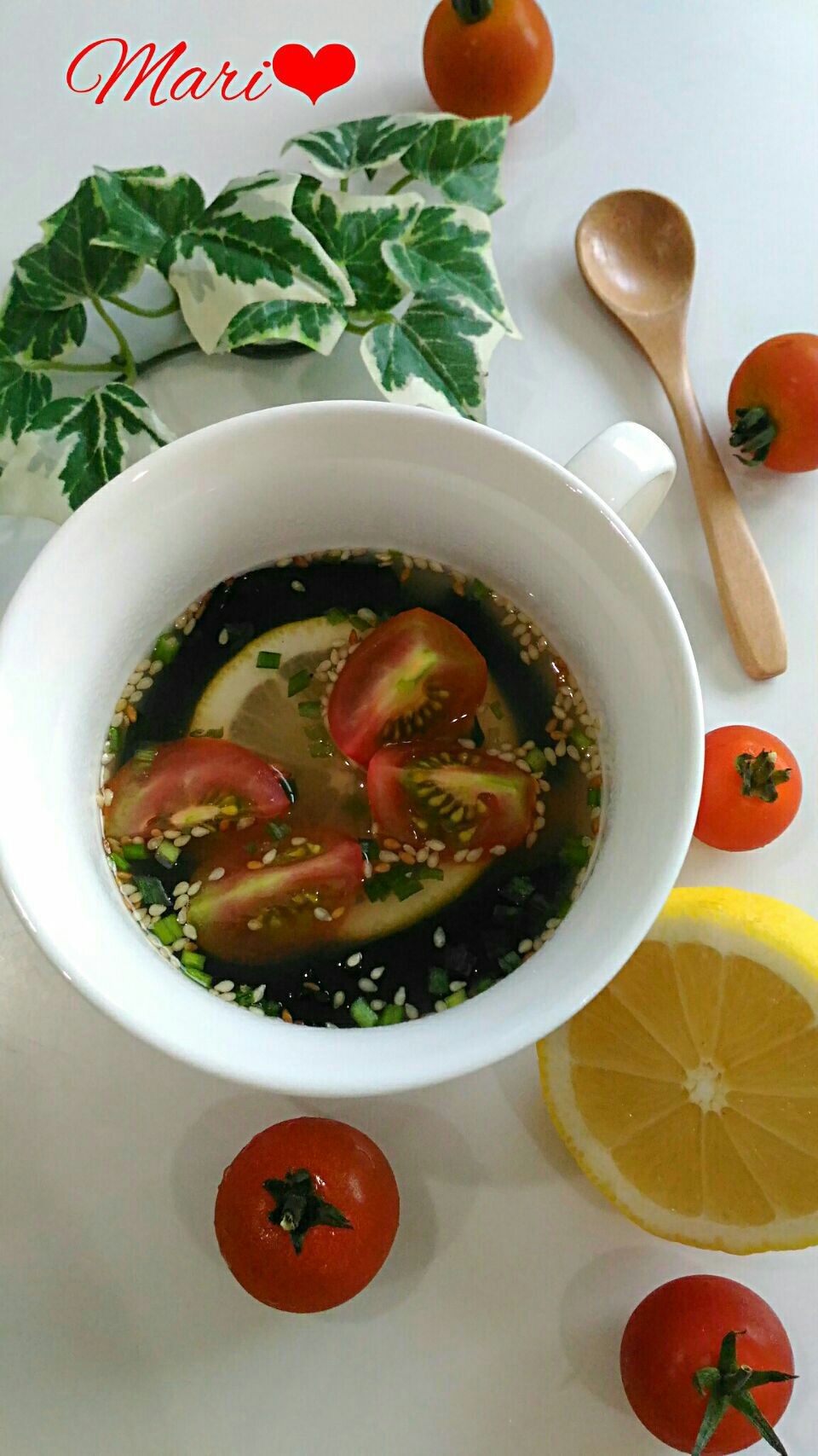 《レシピ有》簡単ヘルシー！トマト&レモンのわかめスープ、生後58日目、食事の記録7/14。