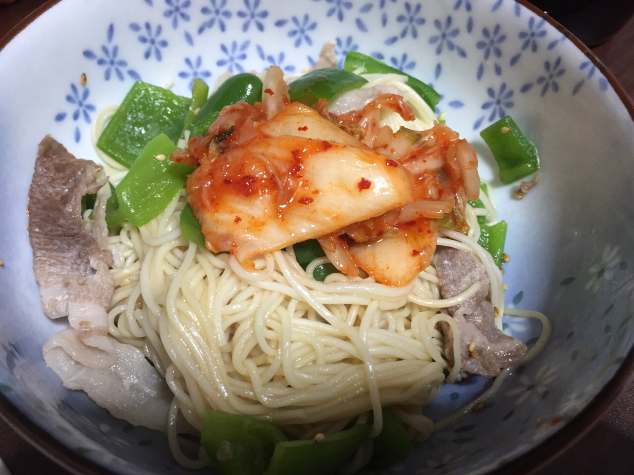 豚肉ピーマンキムチそうめん！