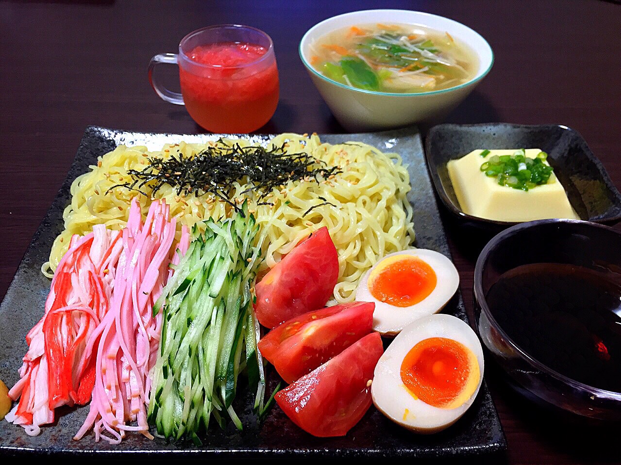 ⭐︎つけ冷やし中華
⭐︎卵豆腐
⭐︎レタスとエノキの中華スープ
⭐︎ピンクグレープフルーツゼリー