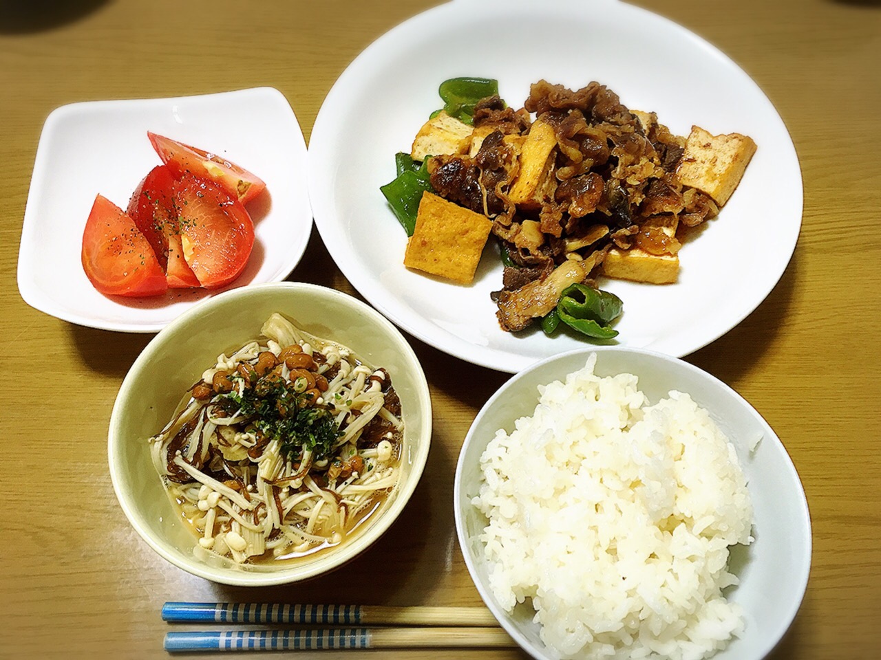 息子が作った晩御飯#息子作 
昆布つゆのえのきともずくの和え物が美味！