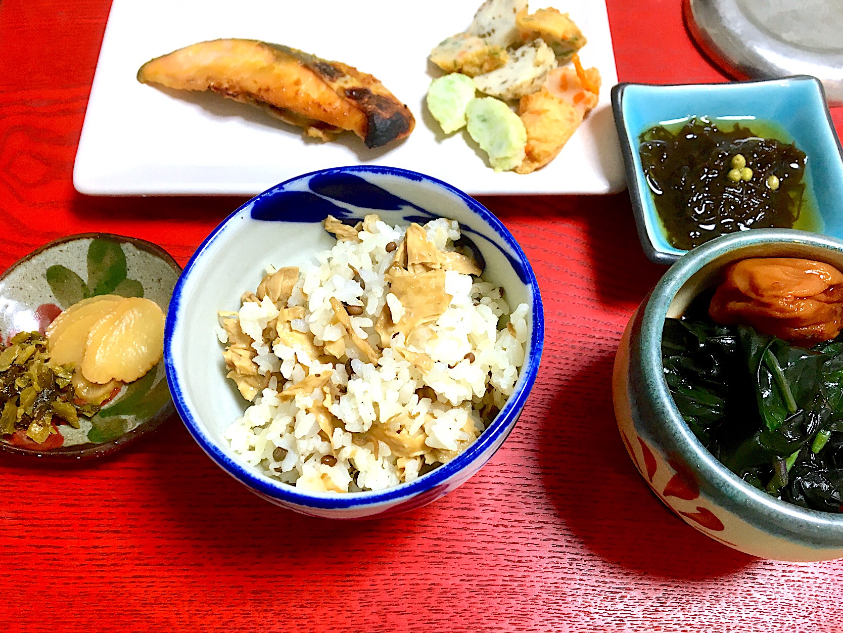 鯛めし(赤ジンミーバイ出汁)の湯葉山椒京風炊き込み混ぜご飯（≧∇≦）炊きたて最高♪