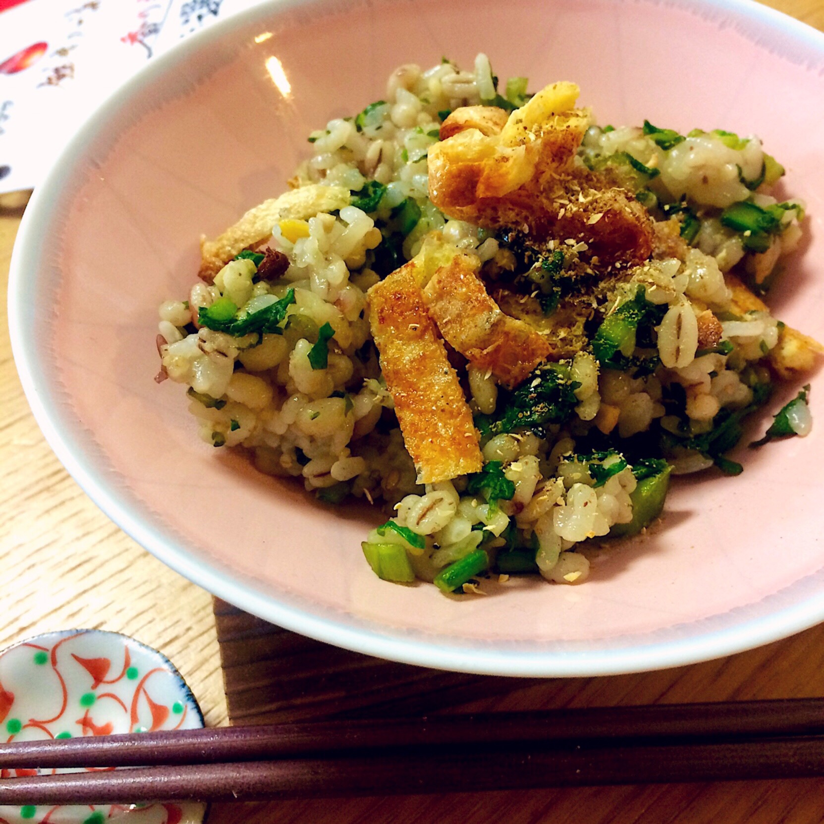 まゆみさんのお料理 春菊とおあげの混ぜ御飯。?Japanese Mixed Rice?