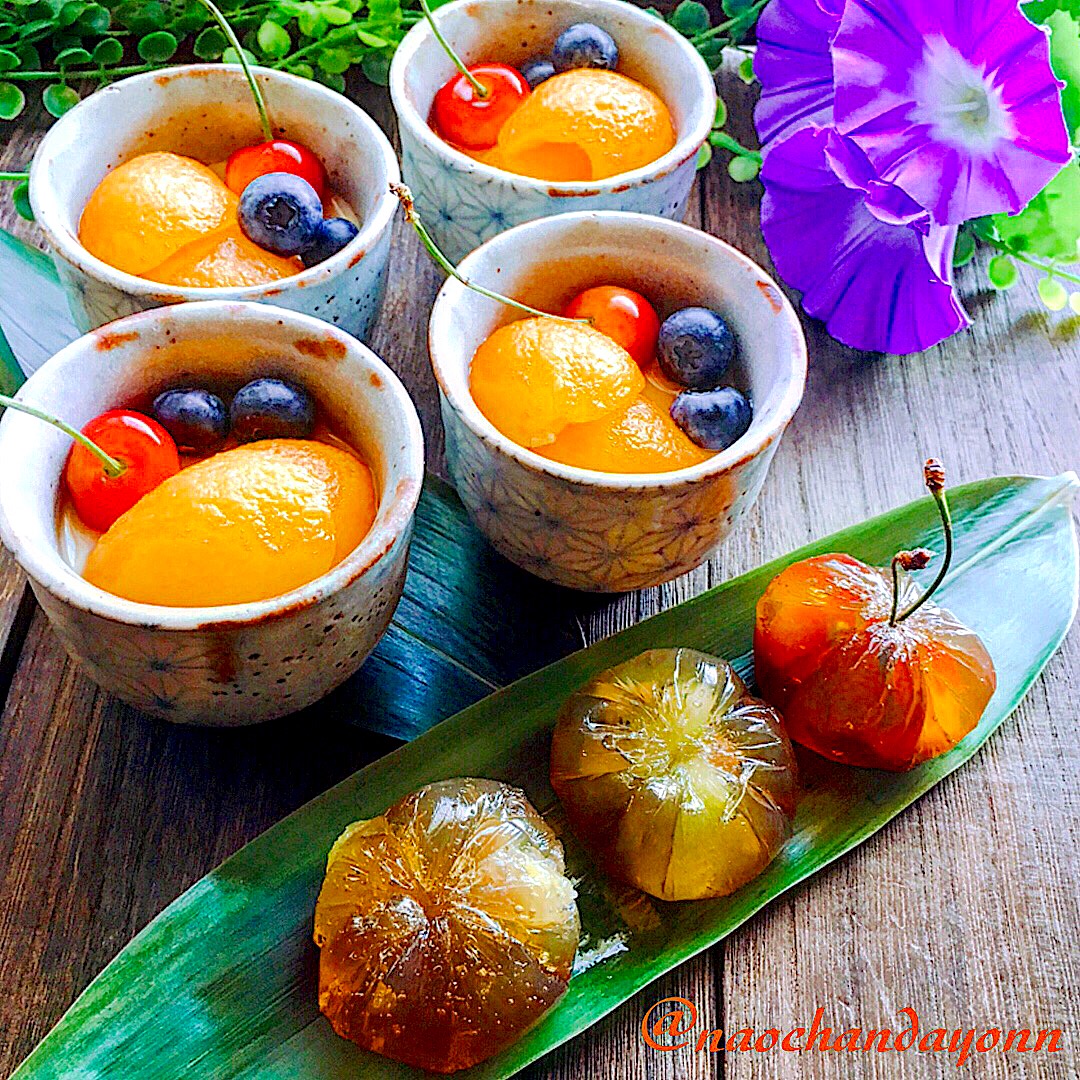 パンナコッタ#びわのコンポートのせて〜
きび砂糖を使ってフルーツ #錦玉 
暑いから涼を?