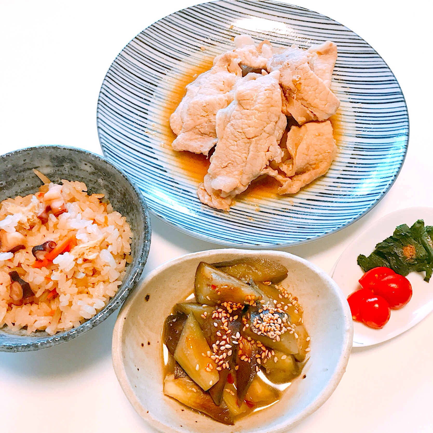 生姜焼き、ナスの味噌煮、タコの炊き込みご飯、サラダ